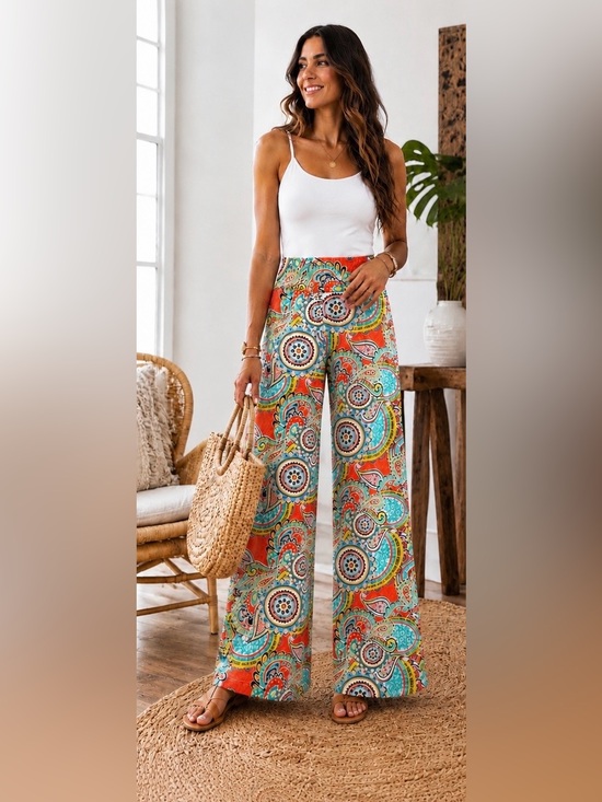 lildy Pants - Lildy Palazzo Pants S/M Boho Paisley Wide Leg Pull On Stretch Lounge Beach